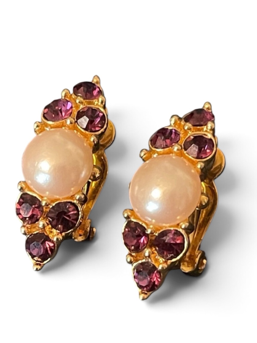 Vintage Givenchy Faux Pearl & Purple Rhinestone Clip On Earrings - Picture 1 of 10